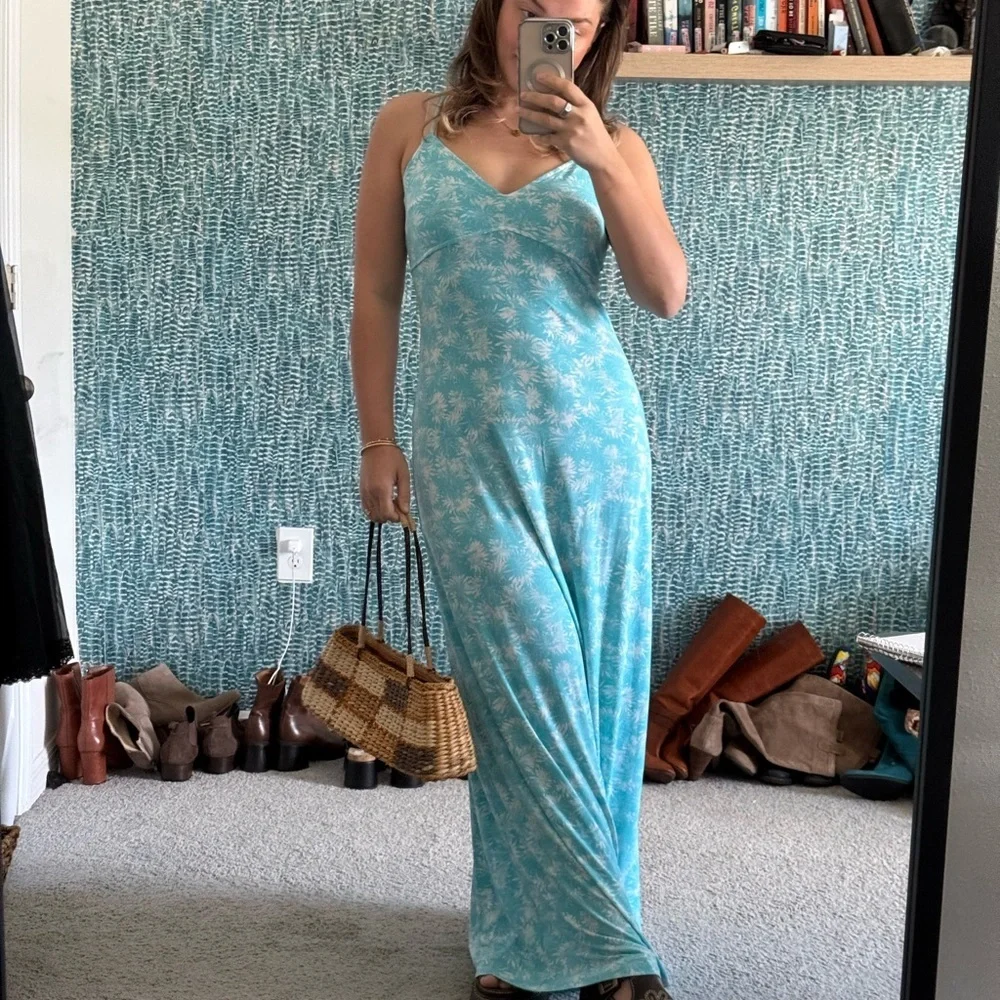 Michael Khors Light Blue Palm-Print Slip Maxi Dress